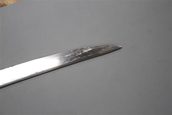 A Victorian general officers mameluke sword, gilt hilt, ivory grips, the etched blade by Ranken & Co. Calcutta, brass scabbard, blade